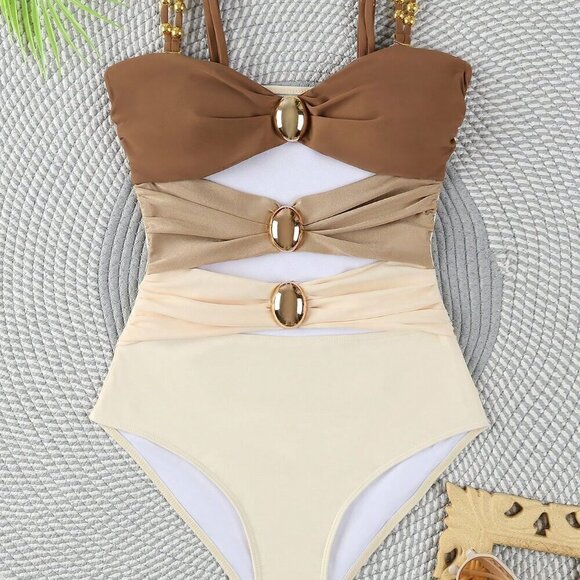 Brown Sexy Women's Colorblock Cut-Out Spaghetti Strap One-Piece Swimsuit - Picture 3 of 6